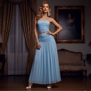 ✨ Elegant Soft Sky Blue Two-Piece Set — Stretchy + Tulle Overlay ✨